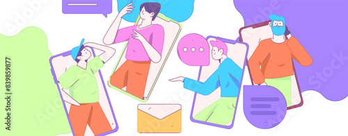 Virtual characters social communication concept business flat vector hand drawn illustration
