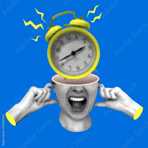 Deadline concept. Modern collage with indignant female head with an alarm clock inside. Woman plugging her ears with her fingers. Halftone alarm clock is ringing. Trendy vintage newspaper parts