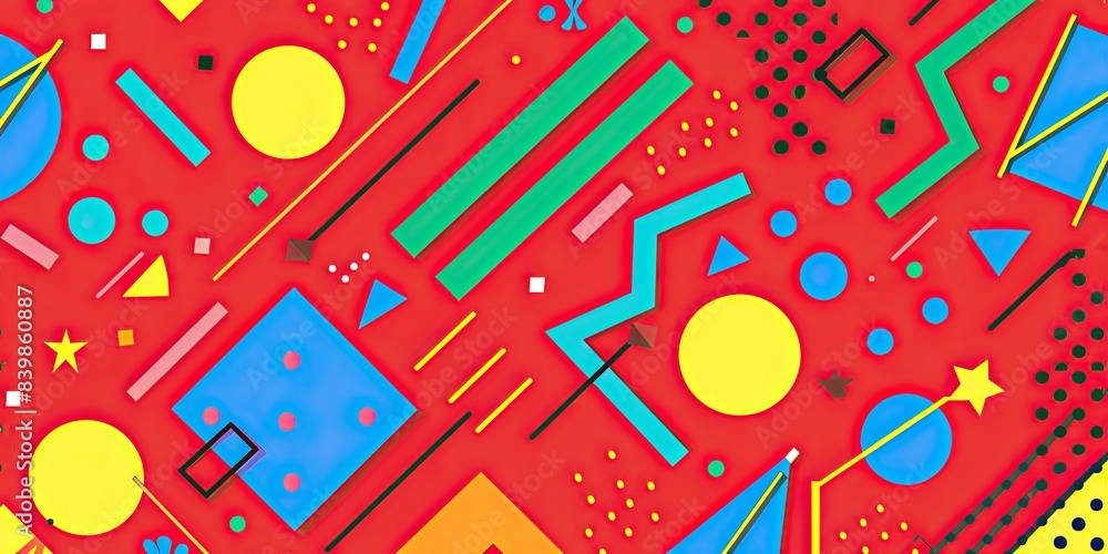 A Red background with colorful geometric shapes and lines in the style of 80s pop culture, featuring bright red arrows pointing up and down, green circles A Red background with colorful geometric shapes and lines in the style of 80s pop culture, featuring bright red arrows pointing up and down, green circles