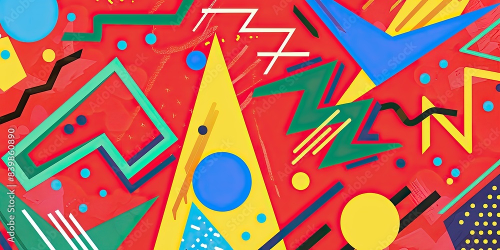 A Red background with colorful geometric shapes and lines in the style of 80s pop culture, featuring bright red arrows pointing up and down, green circles A Red background with colorful geometric shapes and lines in the style of 80s pop culture, featuring bright red arrows pointing up and down, green circles