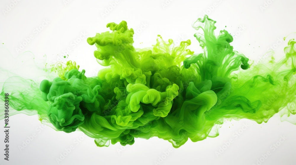 Vibrant green ink swirling in water, creating dynamic and mesmerizing patterns and textures on a white background. Vibrant green ink swirling in water, creating dynamic and mesmerizing patterns and textures on a white background.