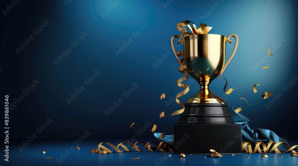 Golden trophy and streamers, business and competition concept, blue background Golden trophy and streamers, business and competition concept, blue background