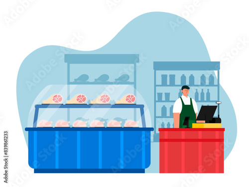 Meat shop interior. Supermarket vector illustration