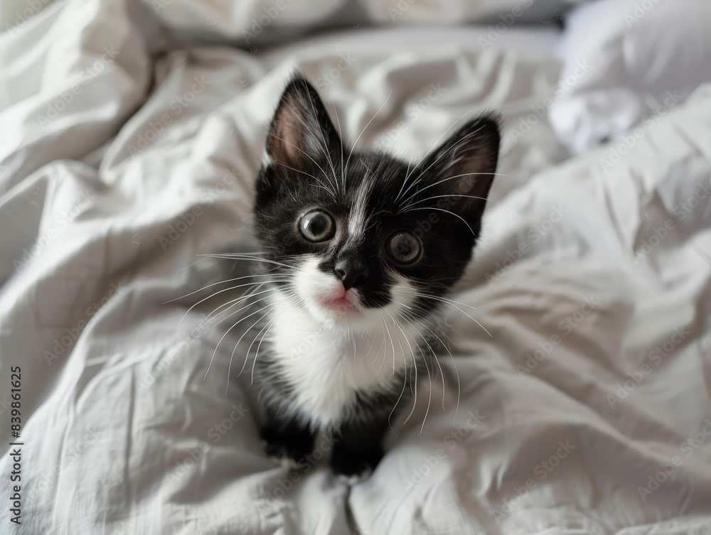 Curious black and white kitten peeking out from bedding Curious black and white kitten peeking out from bedding