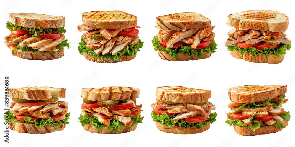 Set of Roast Chicken Sandwich With Mayo isolated on transparent png background. Generative ai Set of Roast Chicken Sandwich With Mayo isolated on transparent png background. Generative ai