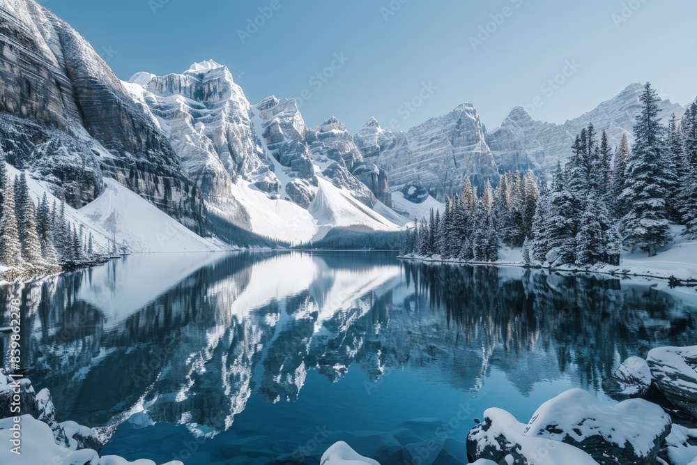Fototapeta premium Majestic snow-capped mountains reflecting in a serene alpine lake