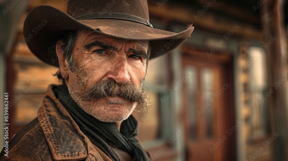 Weathered cowboy portrait in rustic setting Weathered cowboy portrait in rustic setting
