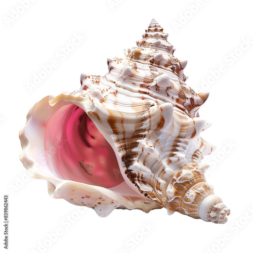 Close-up of an intricate conch shell with white and brown patterns and a pink interior, isolated on a white background. photo