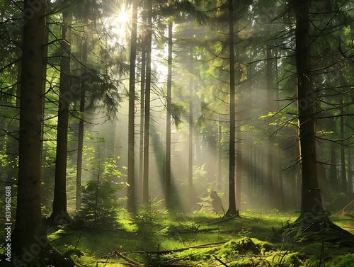 A realistic photo of a dense forest with sunlight filtering through the trees  creating a mystical atmosphere