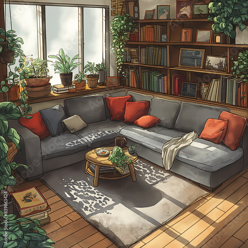 cozy living room whit all bookshelves filled with books, manga, and little decorative items, neatly organized.