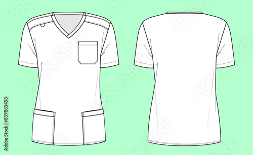 Fashion Flat Sketch Vector of Women's V-Neck Medical Scrub Uniform