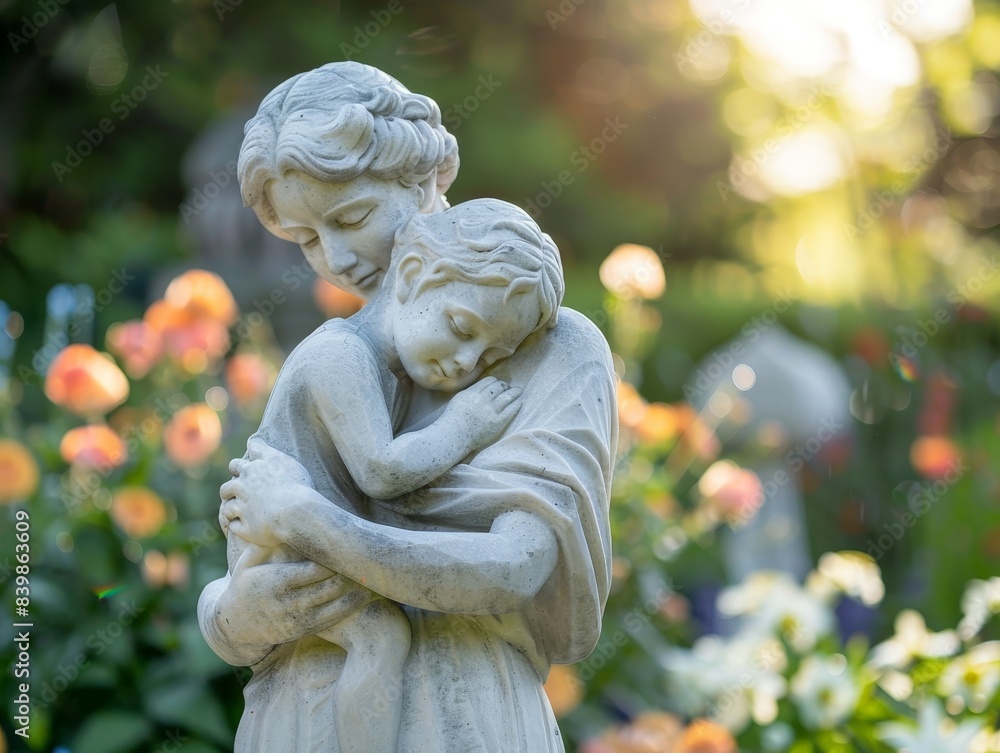 Loving embrace of stone statues in garden Loving embrace of stone statues in garden