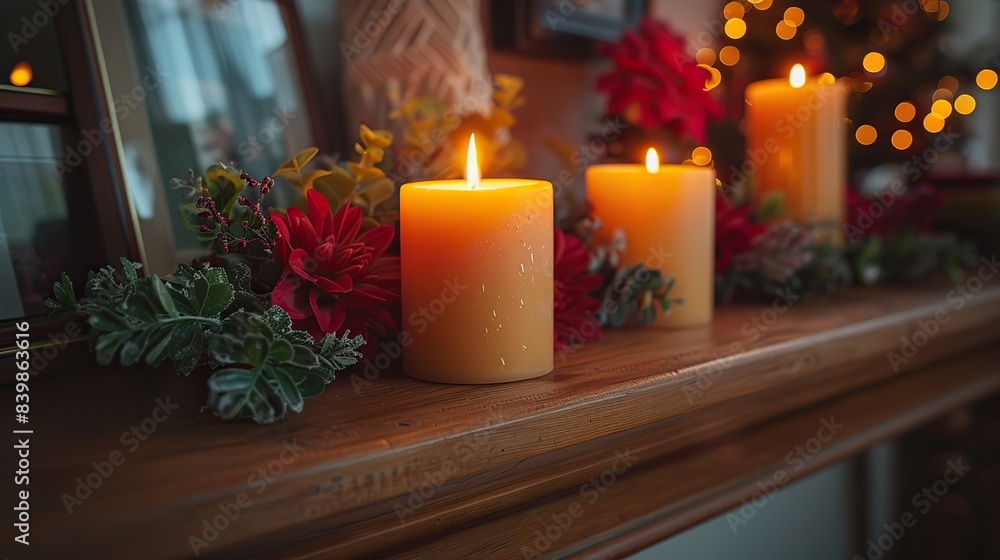 Detailed view of a fireplace mantel decorated with candles and framed photos. Detailed view of a fireplace mantel decorated with candles and framed photos.
