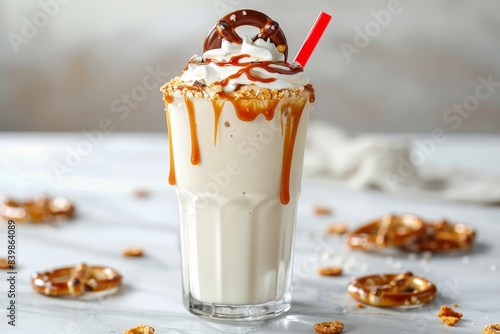 Decadent milkshake with caramel drizzle and pretzel garnish
