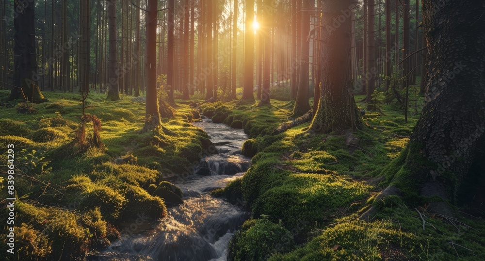 Fototapeta premium Enchanting forest stream with lush moss-covered ground
