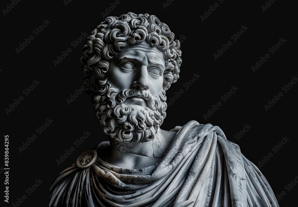 Dramatic marble statue of a bearded man with curly hair Dramatic marble statue of a bearded man with curly hair