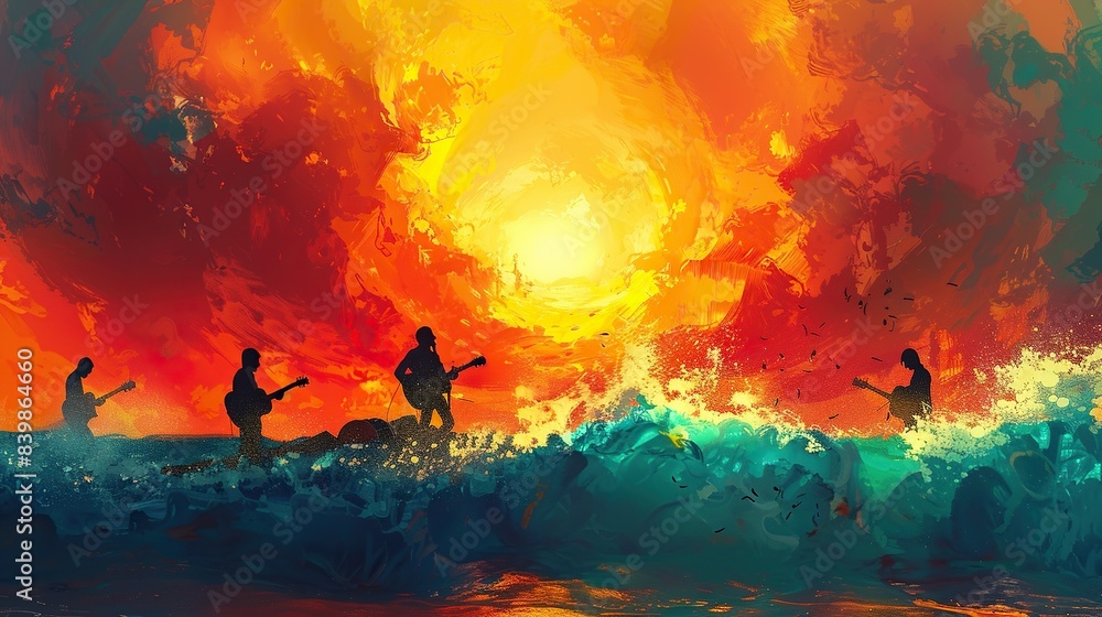 Fototapeta premium Captivating Melodies: Sunset Beach Concert Wallpaper for World Music Day