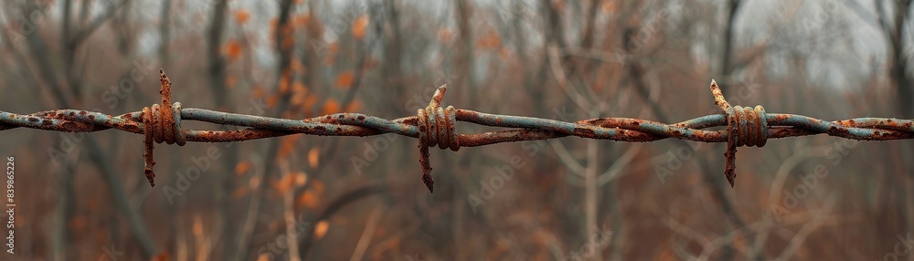 A rusty barbed wire fence with a few leaves on it A rusty barbed wire fence with a few leaves on it