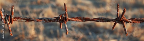 A rusty barbed wire fence with a few leaves on it photo