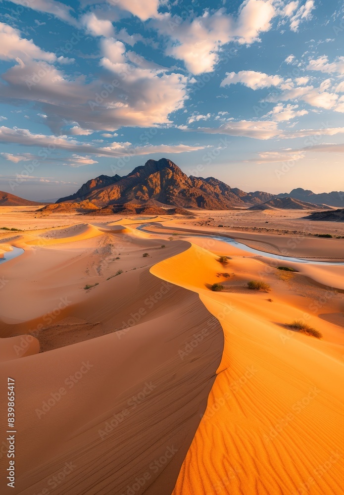 Dramatic desert landscape with towering mountains and sand dunes Dramatic desert landscape with towering mountains and sand dunes
