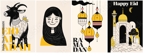 Hand drawn illustration style of Eid religious celebration. Set of banners for islamic religion