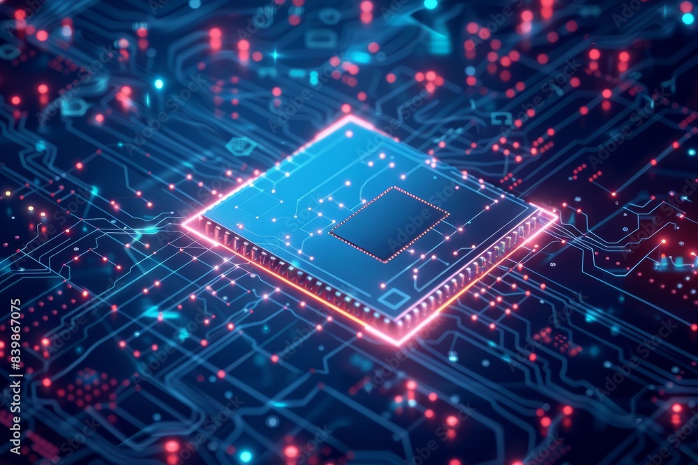 Digital chip on blue technology background in lines, connected dots, and triangles Digital chip on blue technology background in lines, connected dots, and triangles