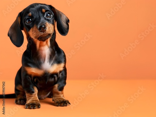 Cute Dachshund Puppy Sitting on Plain Orange Background with Copy Space