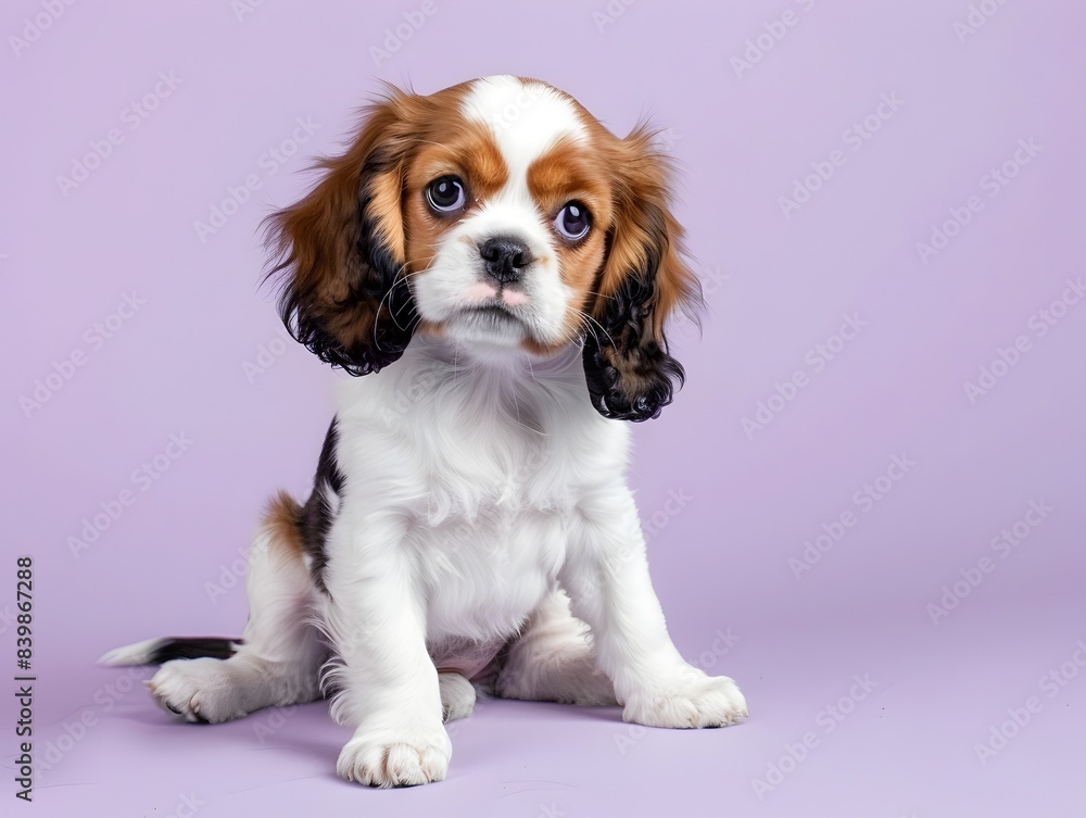 Cute Cavalier King Charles Spaniel Puppy Sitting on Plain Lavender Background with Clear Copy Space Cute Cavalier King Charles Spaniel Puppy Sitting on Plain Lavender Background with Clear Copy Space