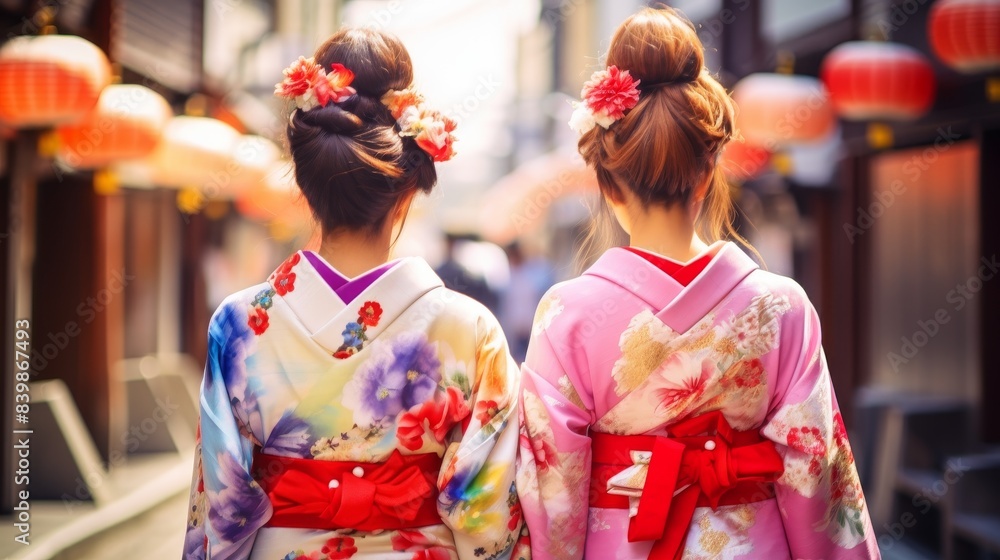 Women in traditional Japanese kimonos walk down a street. The women are wearing different colored kimonos, and they are walking in a line Women in traditional Japanese kimonos walk down a street. The women are wearing different colored kimonos, and they are walking in a line