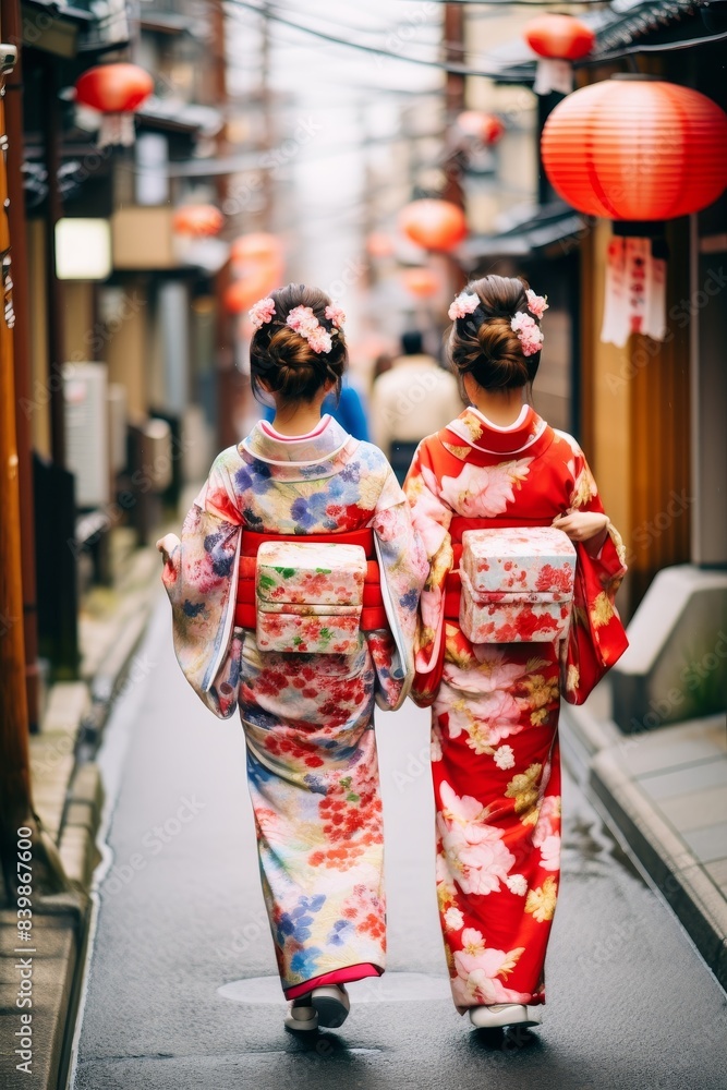 Women in traditional Japanese kimonos walk down a street. The women are wearing different colored kimonos, and they are walking in a line Women in traditional Japanese kimonos walk down a street. The women are wearing different colored kimonos, and they are walking in a line
