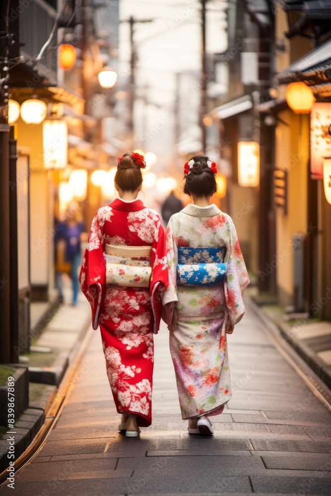 Women in traditional Japanese kimonos walk down a street. The women are wearing different colored kimonos, and they are walking in a line