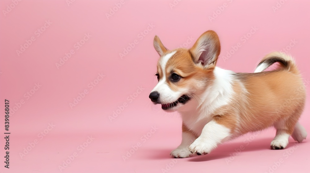 Cute Welsh Corgi Puppy Walking on Plain Fuchsia Pink Background with Clear Copyspace Cute Welsh Corgi Puppy Walking on Plain Fuchsia Pink Background with Clear Copyspace
