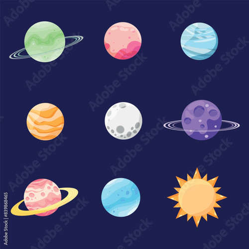 Vector set of cartoon planets. Fantasy abstract space objects vector illustration collection. Planetarium, Cosmonautics Day, Astronomy Day	
