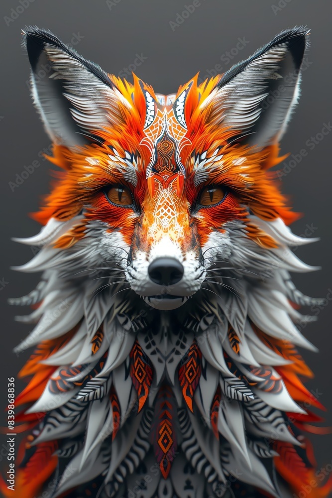 Obraz premium a 3D render of a symmetrical fox head and neck, no background, symmetrical art
