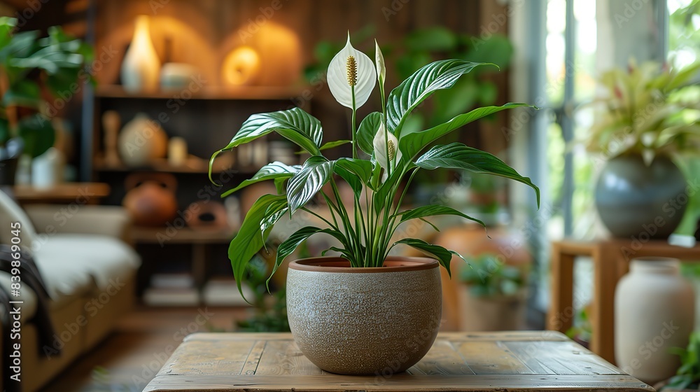 A blooming peace lily in a decorative pot. A blooming peace lily in a decorative pot.
