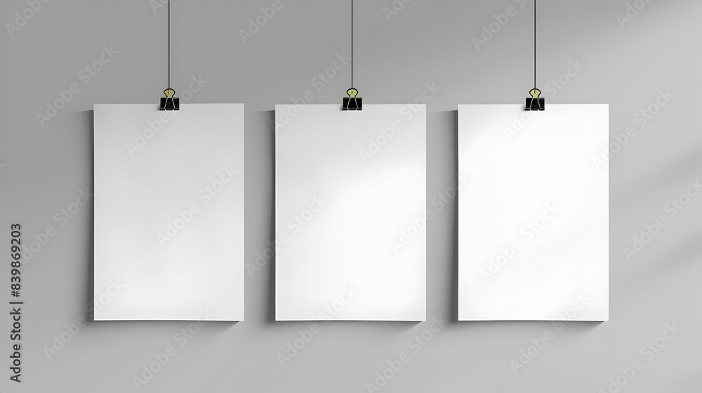 White blank posters hanging on binders A4 paper page, sheet on wall Vector mockup White blank posters hanging on binders A4 paper page, sheet on wall Vector mockup
