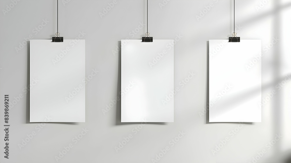 White blank posters hanging on binders A4 paper page, sheet on wall Vector mockup White blank posters hanging on binders A4 paper page, sheet on wall Vector mockup