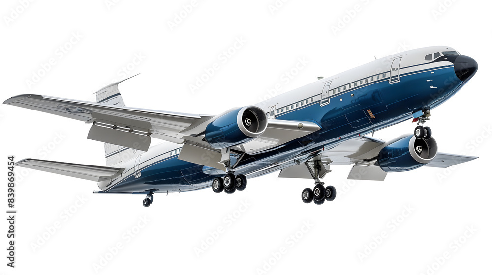 A passenger airplane taking off with extended landing gear, isolated on a white background A passenger airplane taking off with extended landing gear, isolated on a white background