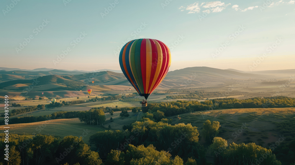 Naklejka premium Colorful hot air balloon flying over scenic countryside at sunrise