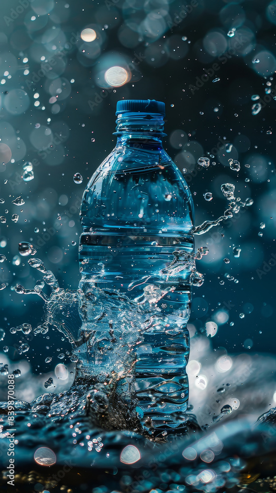 Blue water bottle making a splash on surface - A water bottle with a blue top makes an impactful splash on the water surface, captured in high-speed