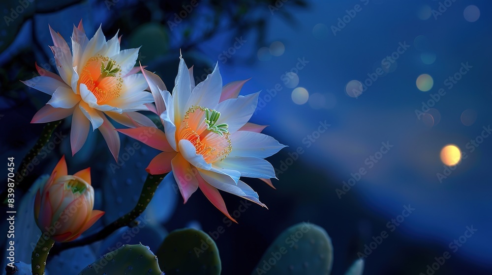 By Night, the Moon Sways in the Sky, While Stars Wink with Faint Glimmer. In the Silent Sea of Flowers, Two Epiphyllum Bloom Alone. They Gracefully Unfurl Their Petals By Night, the Moon Sways in the Sky, While Stars Wink with Faint Glimmer. In the Silent Sea of Flowers, Two Epiphyllum Bloom Alone. They Gracefully Unfurl Their Petals
