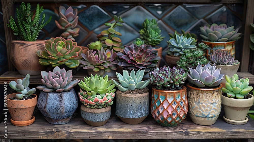 Fototapeta premium A cluster of succulents on a geometric shelf.