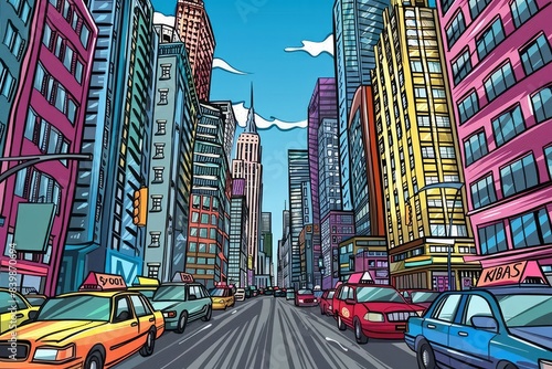 Cartoon cute doodles of a busy city street with tall skyscrapers and bustling traffic, Generative AI 