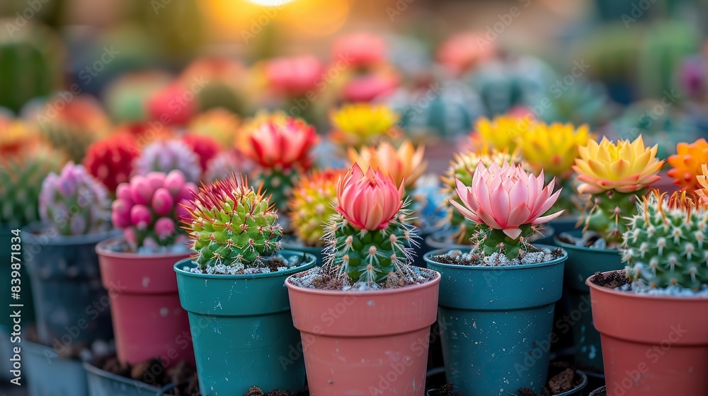 A colorful collection of potted cacti. A colorful collection of potted cacti.