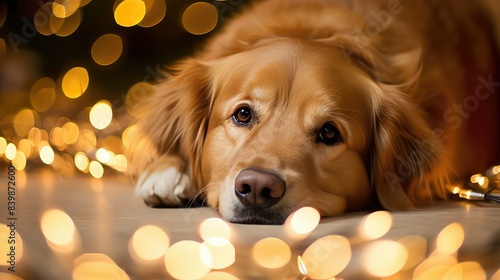 serene dog with christmas lights