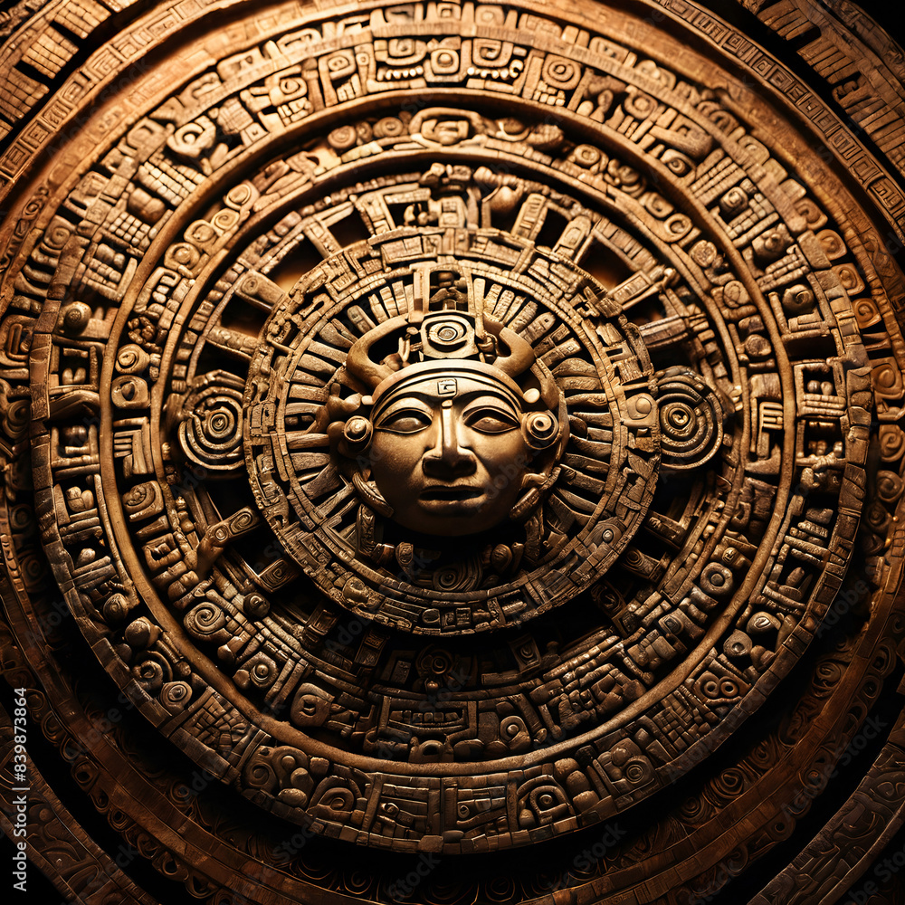 Intricate Aztec Calendar Stone with Central Face and Glyphs Intricate Aztec Calendar Stone with Central Face and Glyphs