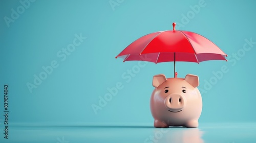 Piggy bank lifted by red umbrella on blue background. Savings growth concept 3D Rendering, 3D Illustration