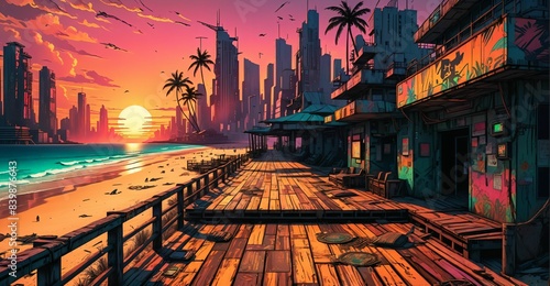 sci-fi boardwalk beach ocean sunset. cyberpunk lo fi city buildings by sea pier with waves of water on island shoreline urban tropical cityscape summer. photo