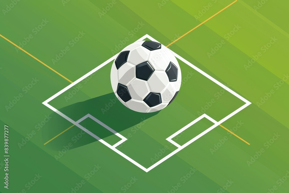 Isometric soccer ball on field illustration - An isometric view of a soccer ball centered on a stylized football pitch Isometric soccer ball on field illustration - An isometric view of a soccer ball centered on a stylized football pitch