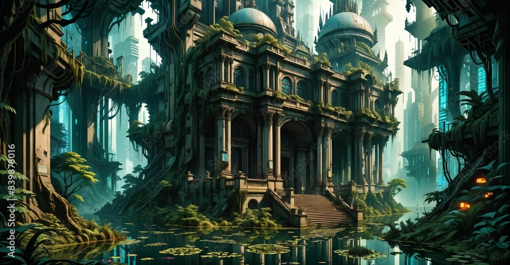 Obraz premium gothic baroque city palace in woodland forest wetlands. fantasy overgrowth cyberpunk town house castle in marsh swamp river pond lake water.